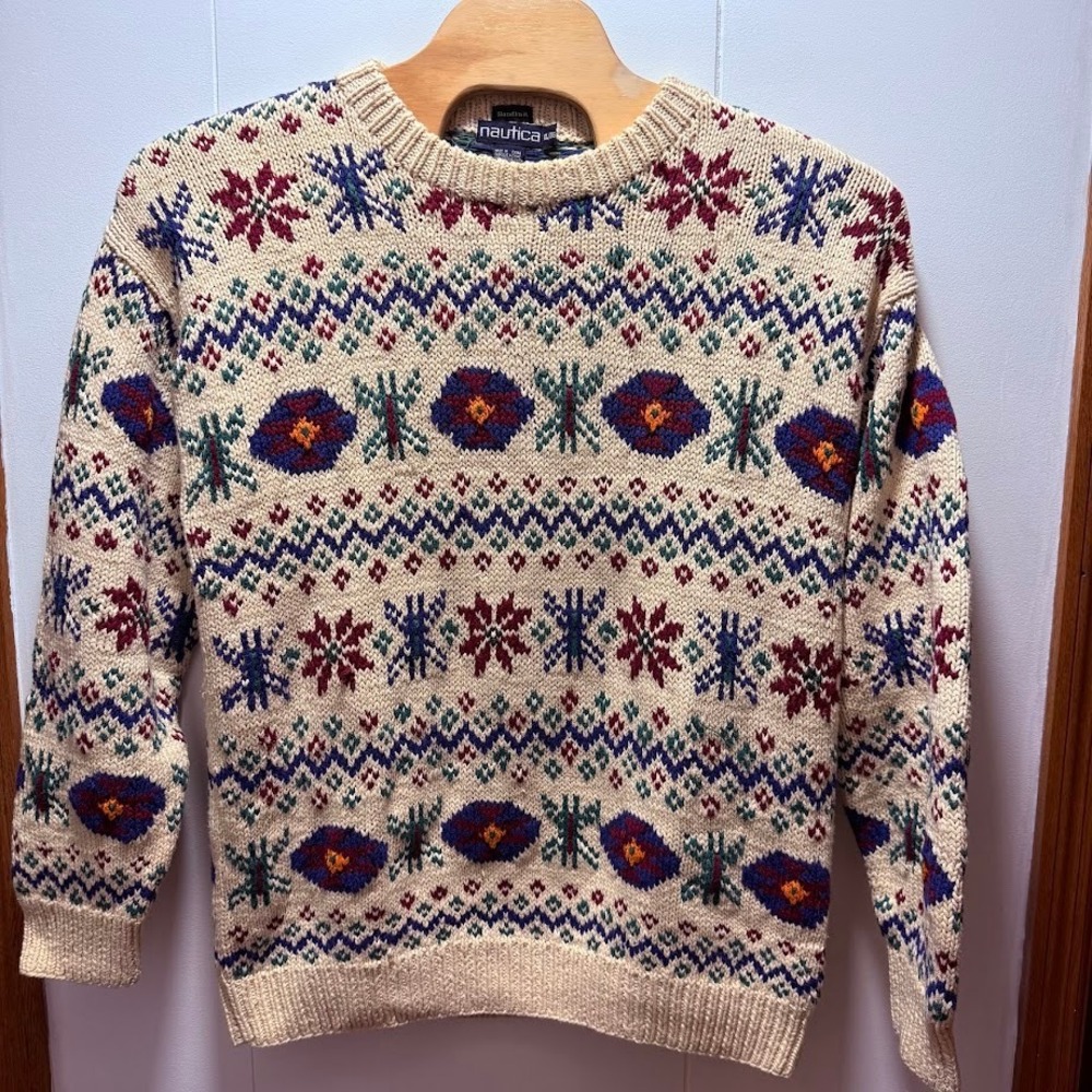 Nautica Handknit Fair Isle Sweater Mens XL Cream Cotton Snowflake Crewneck‎